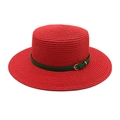 Detailed view of red straw hat with green leather band and golden metal buckle decoration - M (56-58cm) / Red