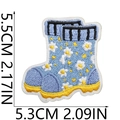 Detailed blue rain boot embroidery patch with daisy patterns and precise size measurements - No. 11 Blue Rain Boot