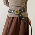 Ceinture large vintage en cuir noir avec boucle florale en bronze et rivets ethniques - 14# Boucle métallique florale bronze noir