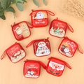 Red Christmas square coin purse with cartoon Santa and reindeer prints and white zipper - Square Christmas Style