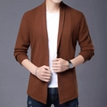 Men's casual brown knit cardigan sweater with long sleeves in a tailored slim fit - M / Caramel