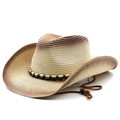 Breathable straw cowboy hat with wide brim and beaded band for outdoor sun protection - M (56-58cm) / Beige Coffee