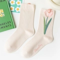 Calze bianche sporche con motivo jacquard a tulipano rosa e scritte artistiche - Bianco Latte Tulipano Scritte