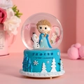 Frozen Elsa and Olaf crystal ball music box with blue carved base and glitter inside - Ice Princess and Snowman - Blue