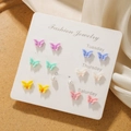Set of 7 pairs colorful butterfly stud earrings and white pearls on display card - Butterfly and Pearl Style Stud Earrings (E0042-1)
