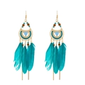 Bohemian alloy feather earrings featuring turquoise blue feathers and gold beaded chains - KC Gold/Blue Green Long Feather (3101)