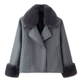 Women's grey wool coat with thick faux fur collar and cuffs on a white background - S / Gray