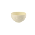 Minimalist beige ceramic bowl with embossed Cheerful text and a luxury finish - 4.5 Inch Mocha Bowl - Creamy Yellow