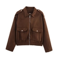Vista frontal de chaqueta de gamuza marrón oscuro con cremallera y bolsillos grandes - S / café