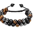 Zweireihiges Armband mit Tigerauge und schwarzem Achat und verstellbarem Geflecht - Zweireihiges Tigerauge Hämatit / Dreiecksweben