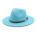 Close-up of sky blue straw fedora with brown leather band and golden fish buckle detail - M (56-58cm) / Lake Blue