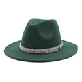 Detail of dark green fedora hat featuring sparkling rhinestone band and golden M buckle - M (56-58cm) / Dark Green