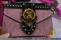 Vintage retro pink and black faux leather crossbody bag with golden lion head buckle - Tan