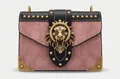 Vintage retro pink and black faux leather crossbody bag with golden lion head buckle - Tan