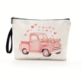 Portable makeup bag in cream linen with a pink vintage truck floral print and wristlet strap - Truck Full Of Flowers