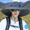 Men's wide brim outdoor sun hat in dark grey with adjustable chin strap and breathable fabric - 15cm Large Brim Dark Grey