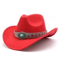 Classic red felt western cowboy hat featuring ethnic woven band and turquoise metal plate - M (56-58cm) / Red