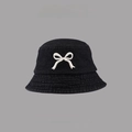 Women's black denim sun hat with white embroidered bow decoration for UV protection - Front Bowknot Embroidery Bucket Hat / Black