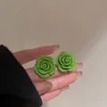 Vibrant green 3D rose flower stud earrings with glossy multi-layered petals - Green Flower (94# Silver Needle) / Fresh Green