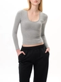 Close-up of gray slim-fit U-neck knitted tee showing soft ribbed texture and stitching - XS / Heather Grey