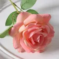 Single velvet artificial rose flower with soft pink gradient petals and green leaves - 7cm / Elsa Rose-Champagne Pink