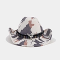 Detail of western cow print hat with ethnic woven band and silver bull skull charm - Cow Print with Woven Band Bull Head (3#)