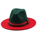 Classic fedora hat with green crown, red brim and striped ribbon on white background - Dark Green Patchwork Red (06)