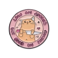 Pink enamel pin featuring orange cat with knife and Low on Spoons text detail - Low On Spoons Good On Knives Cat Pin