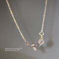 Silver tulip necklace featuring a cat-eye stone pendant and pavé crystal leaf details - XL1046 Silver Stainless Steel Chain