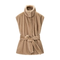 Elegant brown faux mink fur vest for women featuring high collar and belted waist tie - S / Camel
