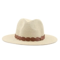 Detail of light beige straw fedora featuring a dark brown woven leather band decoration - M (56-58cm) / Beige