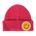 Rose pink knit beanie for women with yellow smiley face embroidery and thick ribbed texture - One Size / Rose Red