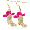 Pink enamel cowboy hat and zircon boot drop earrings in a polished gold finish - Style 5 (Pink Hat Gold Boot)