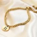 18K gold plated beaded bracelet with adjustable slide and round letter H pendant - Letter-H