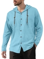 Detail of men's light blue cotton hoodie shirt with wood buttons and drawstring texture - Sky Blue