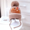 Coffee brown baby knit hat with cute dinosaur embroidery and fluffy pom pom detail - Dinosaur Ear Flap Camel