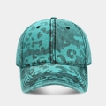 Detailed front view of washed leopard print baseball cap in light blue camouflage - Adjustable / Blue