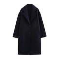 Classic dark blue long wool blend coat with lapel collar and double-breasted buttons - XS / Tops / Blue