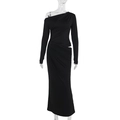 Detail of elegant black slim fit dress featuring off-shoulder neck and waist cutout draping - S / Black