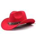 Classic red felt western cowboy hat with brown leather band and metallic decorative rivets - Red