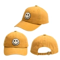 Detailed views of yellow cotton baseball cap with smiley face embroidery and metal buckle - Adult Size (56-58cm) / Yellow