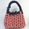 Pink and navy blue chunky knit tote bag made from thick hand-woven cotton cord - Pink Red + Navy Blue