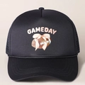 Adjustable black foam mesh trucker hat featuring pink GAMEDAY text and rugby bow - One Size / Black
