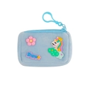 Detail of blue plush unicorn coin purse with floral accents and Happy charm pendant - Blue