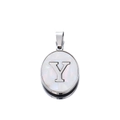 Round stainless steel pendant with white shell inlay and metal letter Y detail - Steel Letter Y
