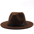 Detail of dark brown wool fedora hat with black leather band and gold metal ring detail - M (56-58cm) / Coffee