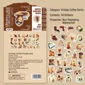 Close-up of vintage coffee themed waterproof stickers including mugs and beans - XCC027 Vintage Coffee - 30 Sheets/Pack