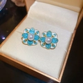 Gros plan sur des boucles d'oreilles fleurs en émail bleu et blanc avec perle centrale - Clous d'oreilles trèfle fleur perle strass émaillé avec tige en argent