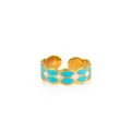 Detail of adjustable gold-plated steel ring featuring blue and white enamel wavy patterns - Zj172