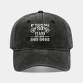 Detail of embroidered 90th birthday slogan on washed dark grey cotton baseball cap - 90th Birthday Style - Black